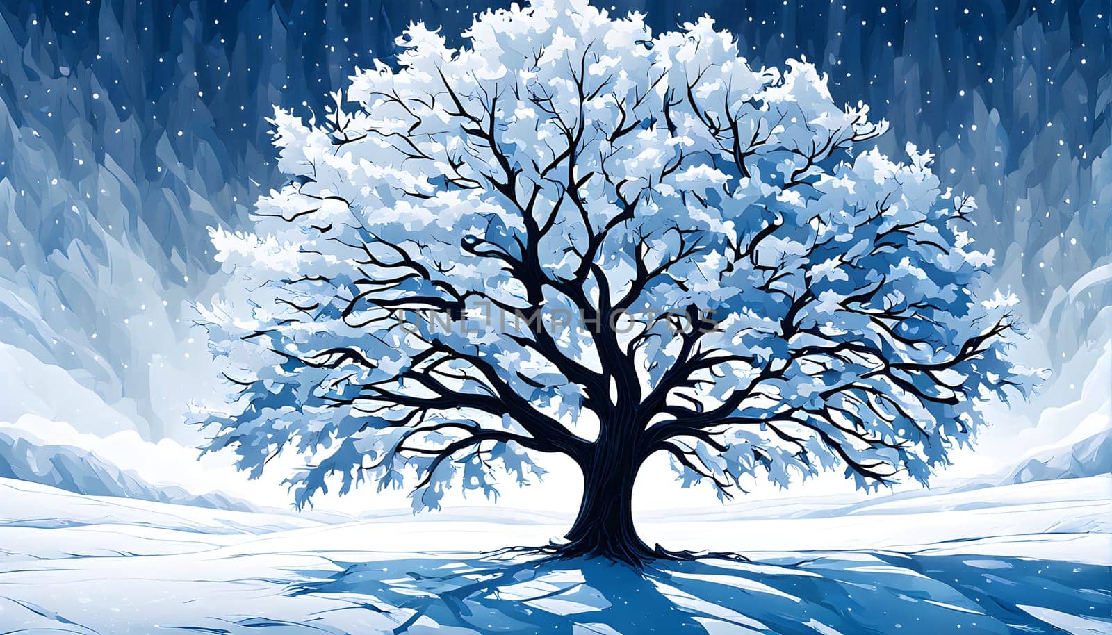 Abstract minimalist winter scene with a single, sharp silhouette of a deer and of a snow-covered tree on a vast, white canvas
