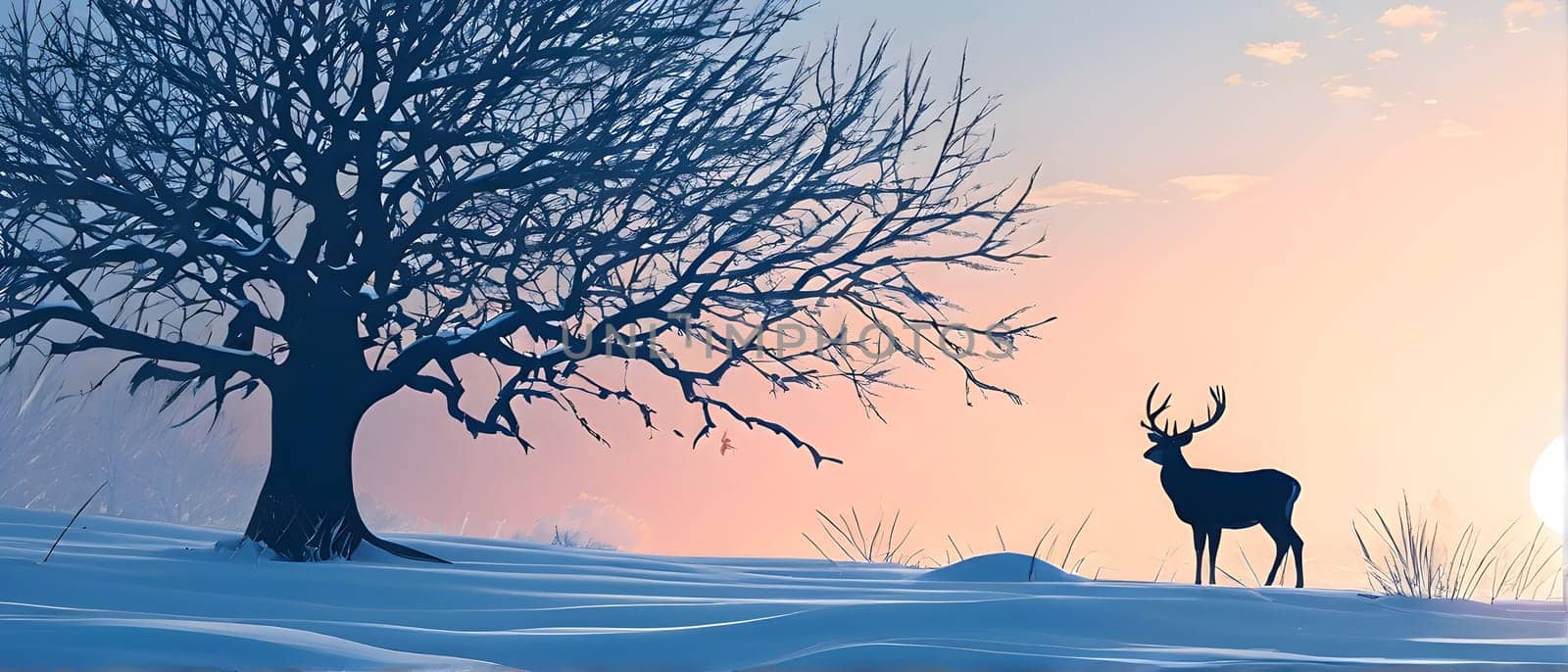 Abstract minimalist winter scene with a single, sharp silhouette of a deer and of a snow-covered tree on a vast, white canvas