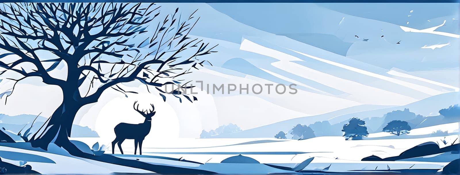 Abstract minimalist winter scene with a single, sharp silhouette of a deer and of a snow-covered tree on a vast, white canvas