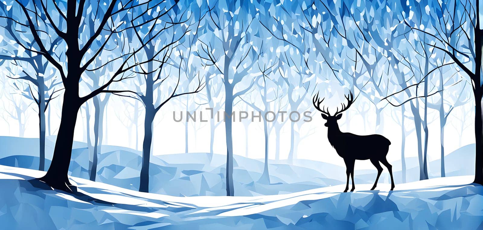 Abstract minimalist winter scene with a single, sharp silhouette of a deer and of a snow-covered tree on a vast, white canvas