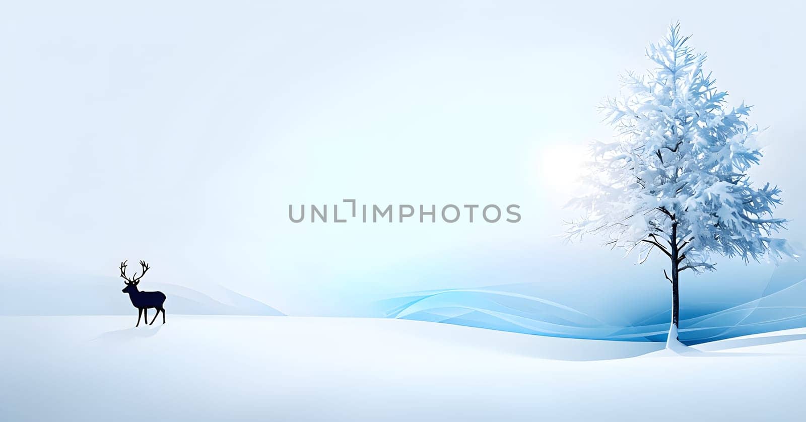 Abstract minimalist winter scene with a single, sharp silhouette of a deer and of a snow-covered tree on a vast, white canvas