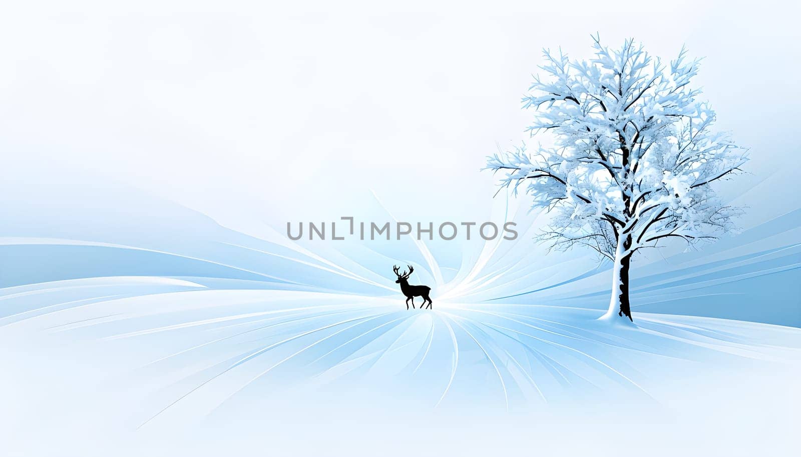 Abstract minimalist winter scene with a single, sharp silhouette of a deer and of a snow-covered tree on a vast, white canvas
