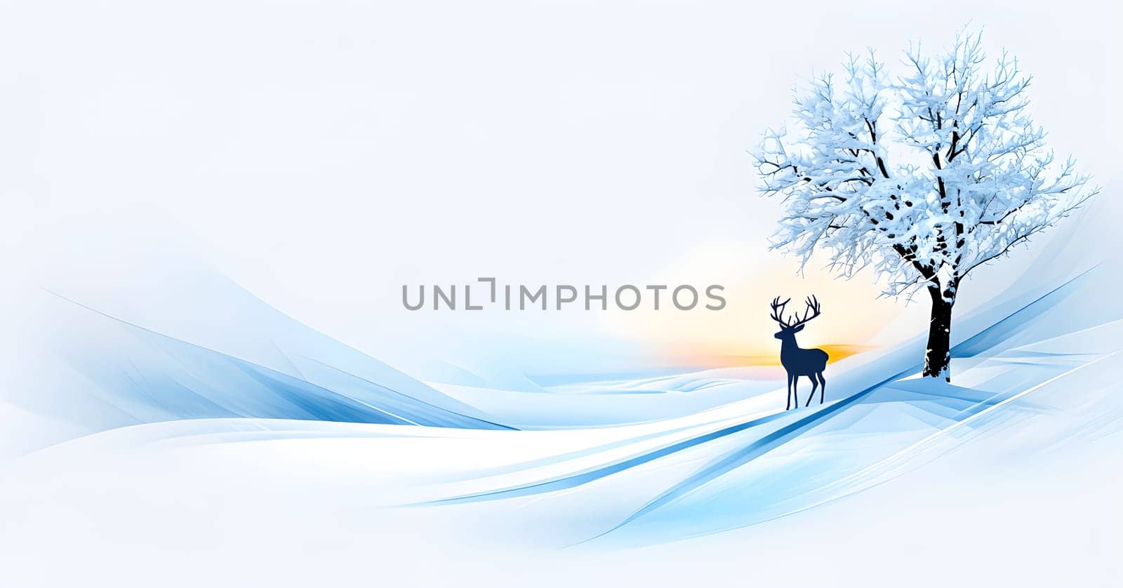 Abstract minimalist winter scene with a single, sharp silhouette of a deer and of a snow-covered tree on a vast, white canvas