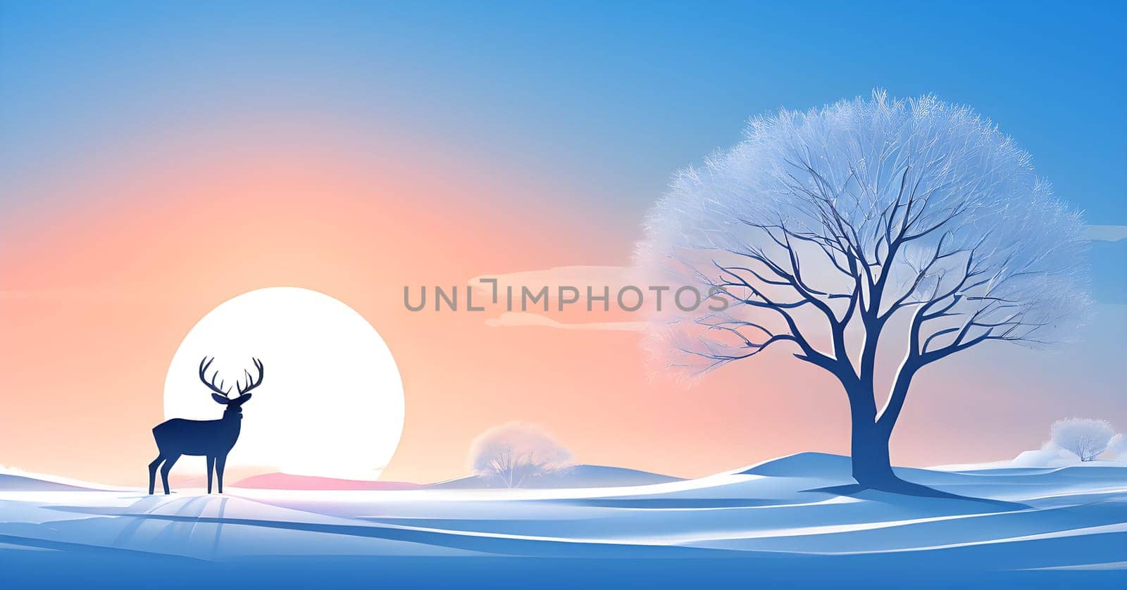 Abstract minimalist winter scene with a single, sharp silhouette of a deer and of a snow-covered tree on a vast, white canvas
