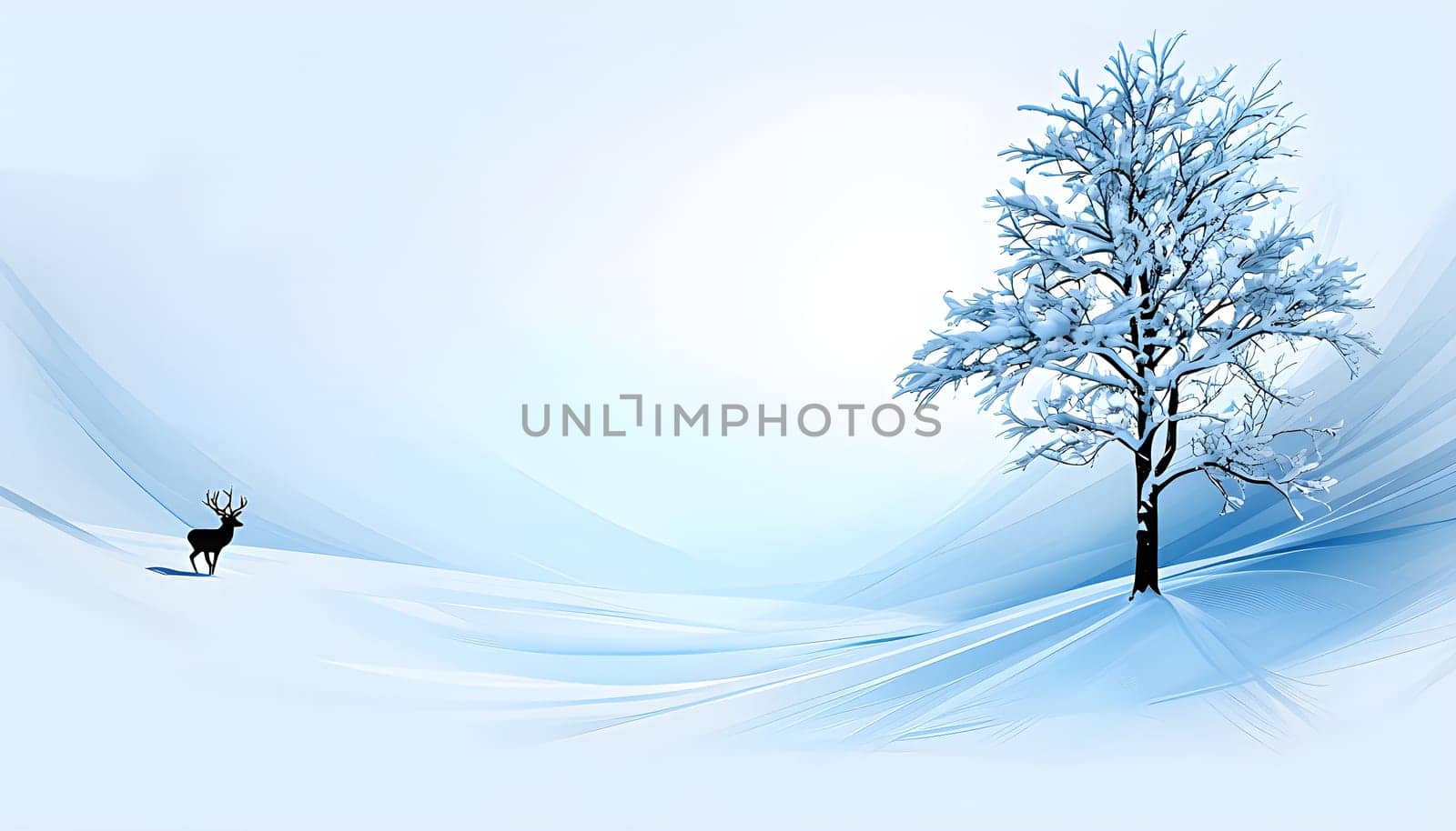 Abstract minimalist winter scene with a single, sharp silhouette of a deer and of a snow-covered tree on a vast, white canvas