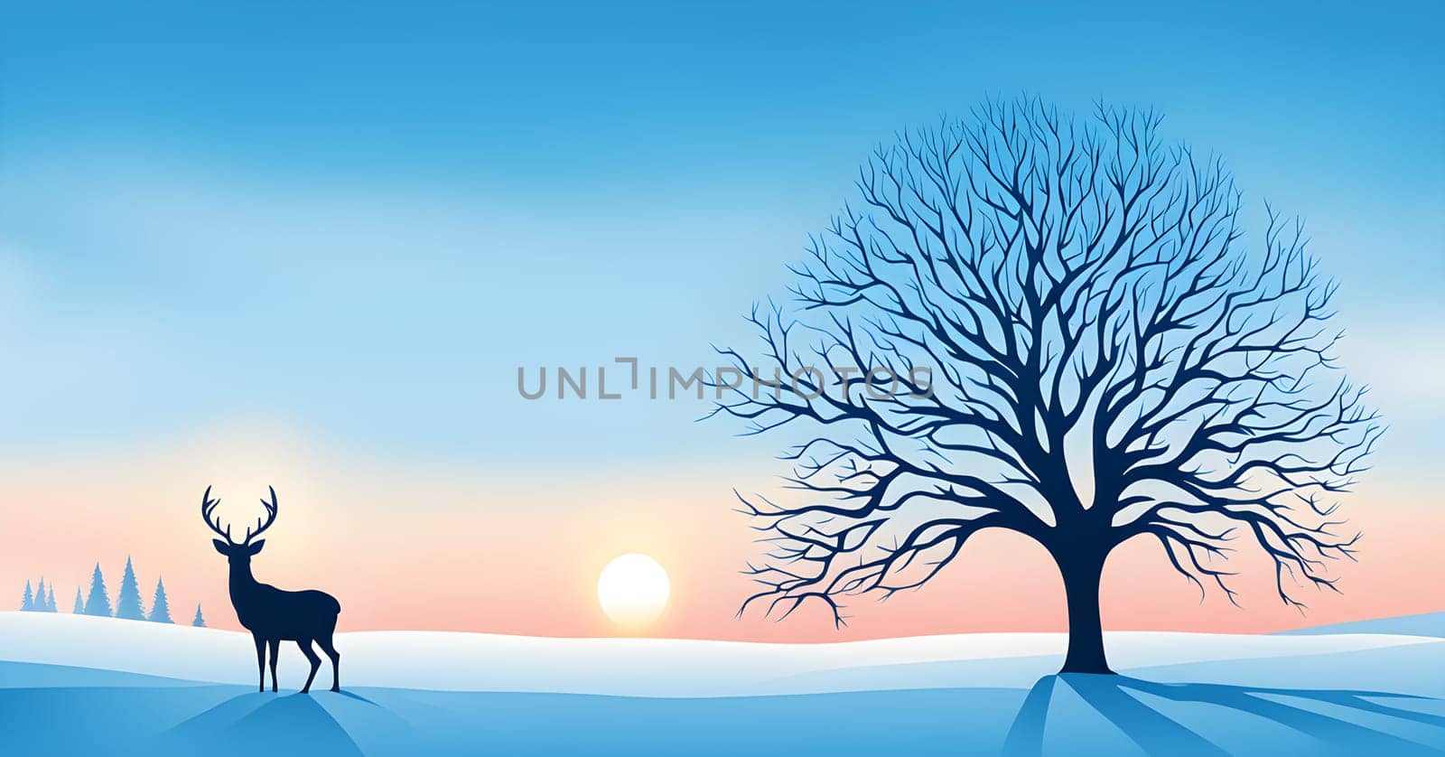 Abstract minimalist winter scene with a single, sharp silhouette of a deer and of a snow-covered tree on a vast, white canvas