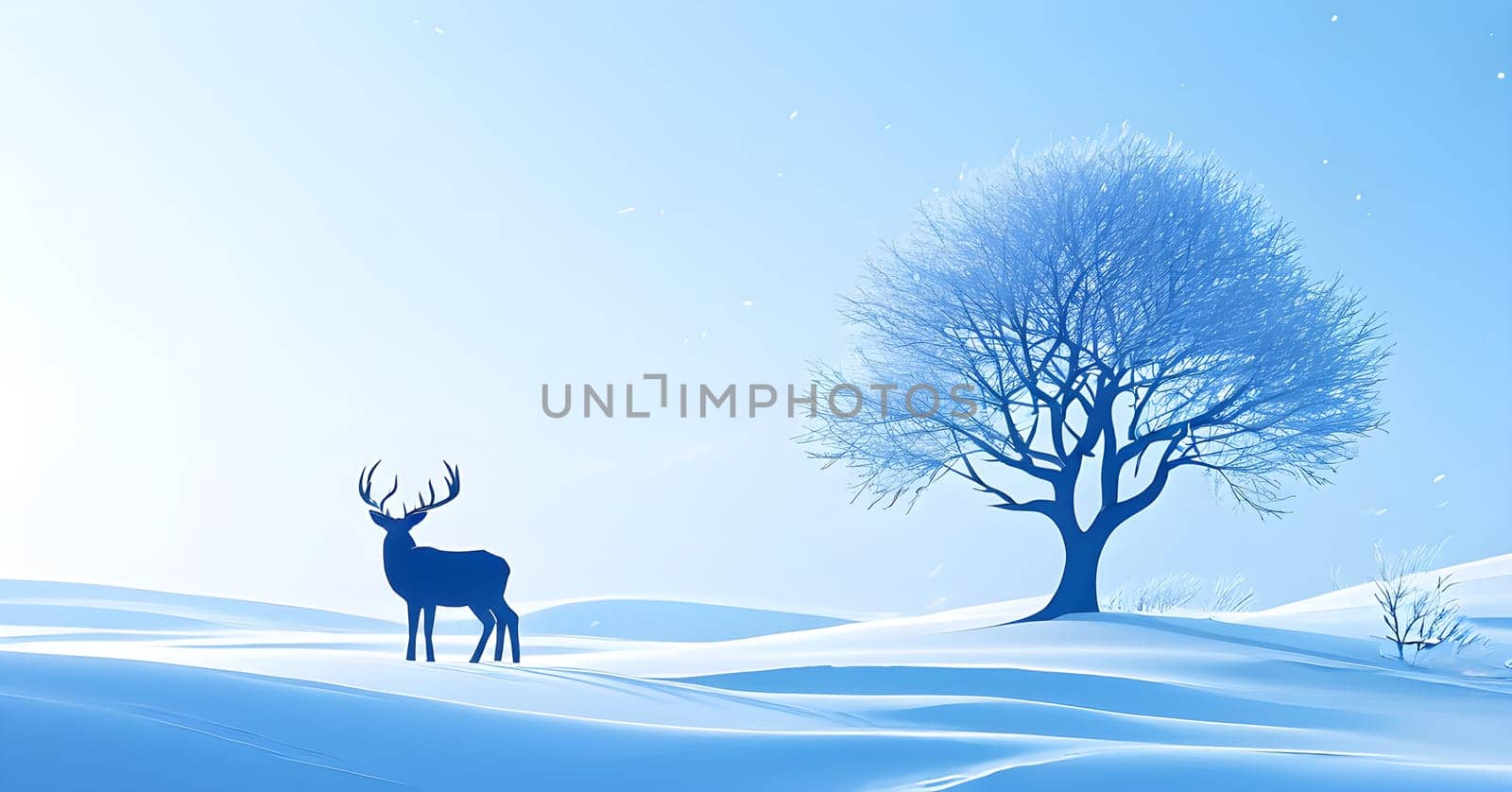 Abstract minimalist winter scene with a single, sharp silhouette of a deer and of a snow-covered tree on a vast, white canvas