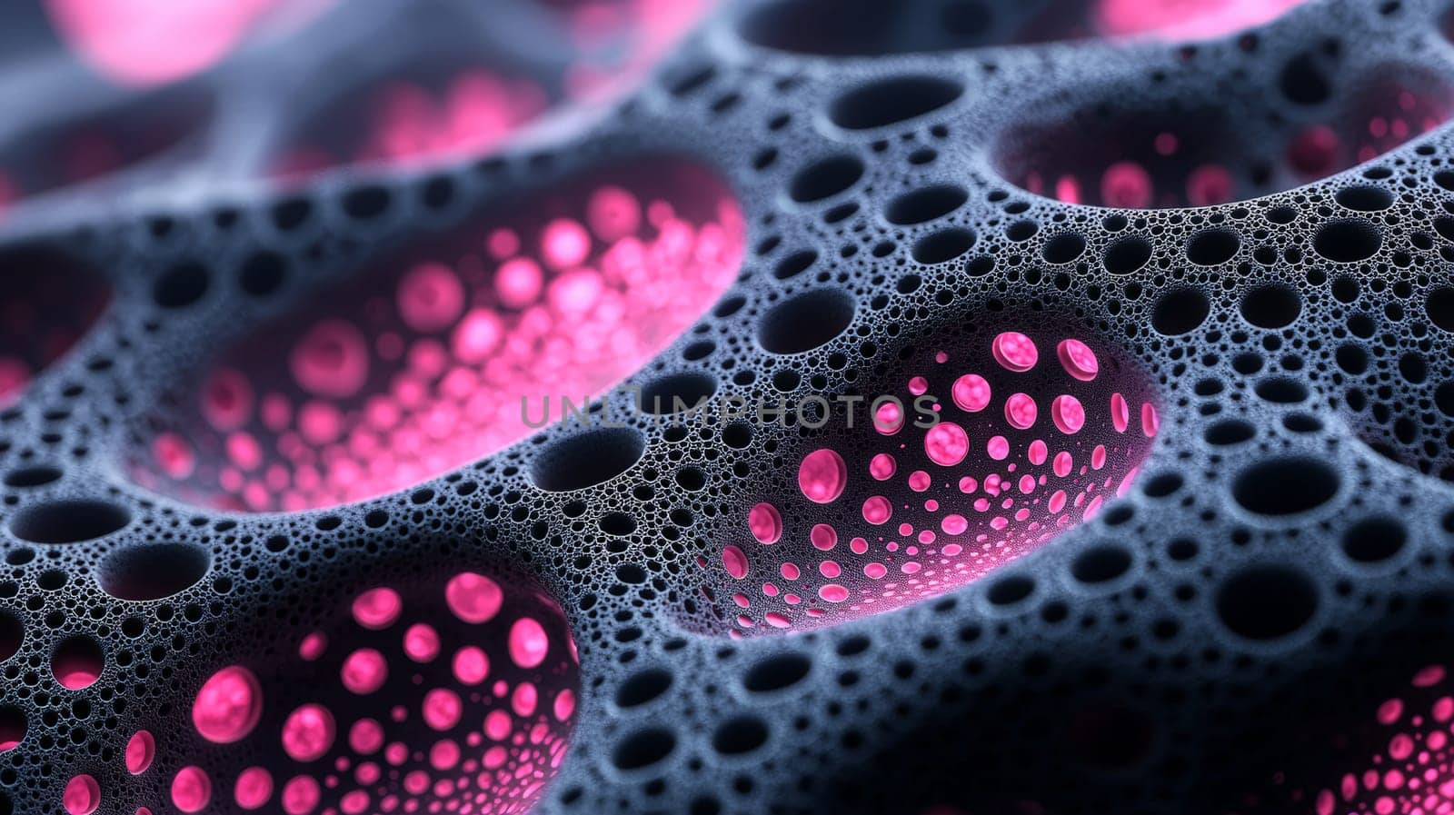 This mesmerizing high-resolution image showcases intricate black filigree fractal biogen nanostructures, highlighted by vibrant pink glowing holes. The exceptional detail and high contrast emphasize the delicate yet complex structure, blending organic and futuristic elements. The pink glow adds a touch of surreal beauty, drawing attention to the visual harmony of the design.