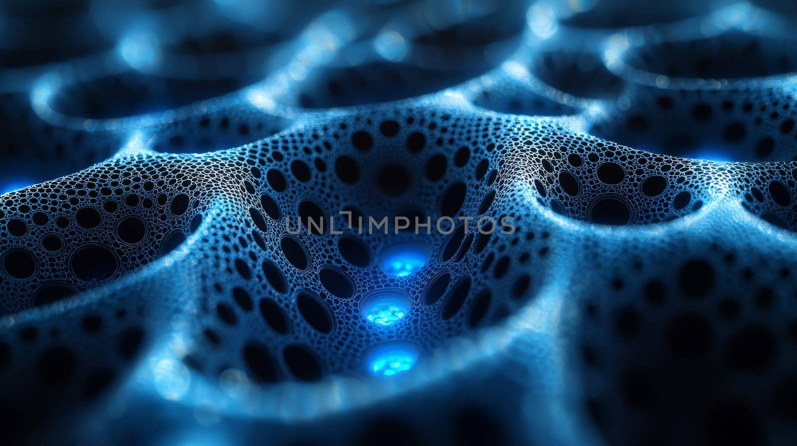 This striking high-resolution image showcases intricate black filigree fractal biogen nanostructures, accentuated by vibrant blue glowing holes. The high contrast and exceptional detail capture the precision and complexity of these microscopic designs, blending science with stunning visual art. The glowing blue elements bring the nanostructures to life, enhancing their delicate, organic feel.
