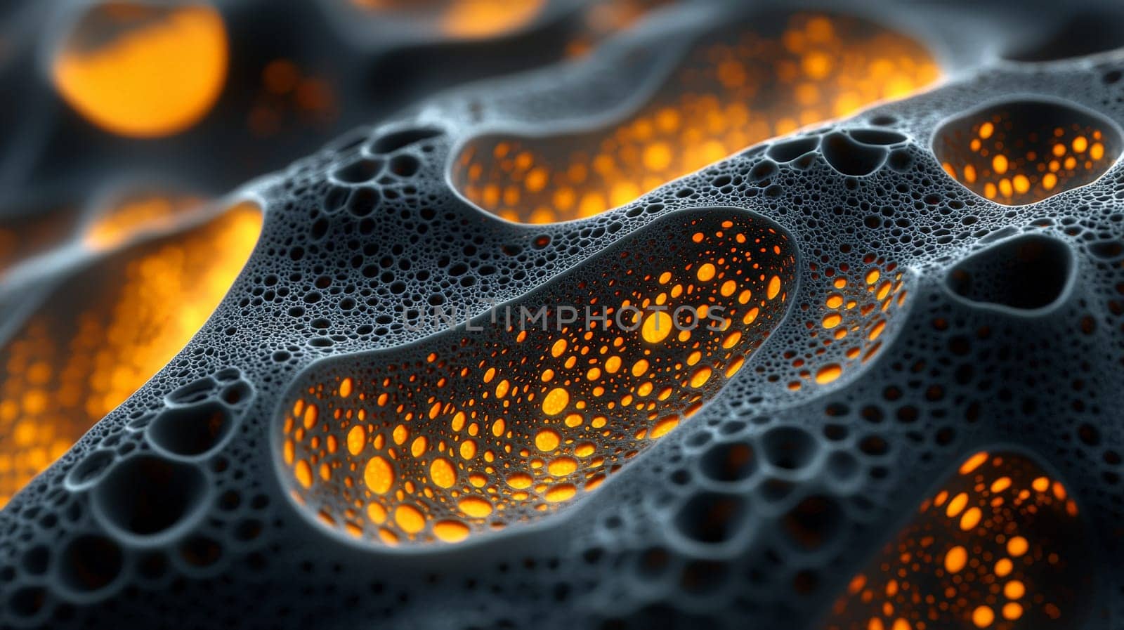This striking image features black filigree fractal biogen nanostructures with brilliant yellow glowing holes. The high-resolution, detailed design creates a powerful contrast between the dark intricacies of the structures and the vibrant illumination of the glowing elements, showcasing a blend of science and artistic innovation.