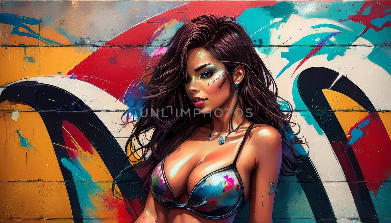 gorgeous young woman over graffiti wall, AI generated image