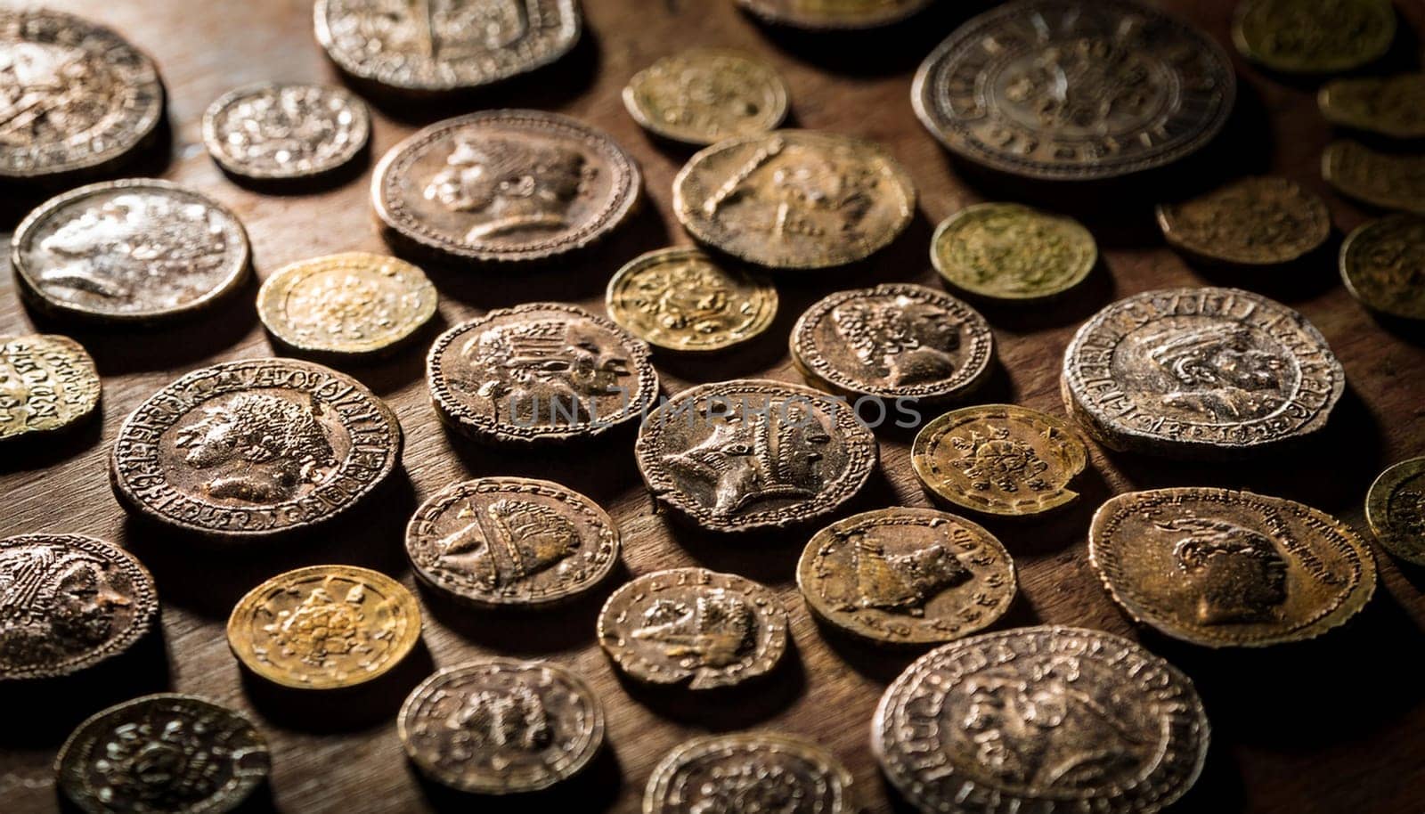 many ancient coins, AI generated image