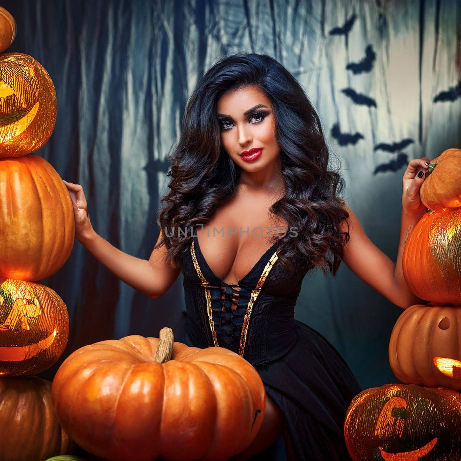 pretty young halloween witch woman, AI generated image