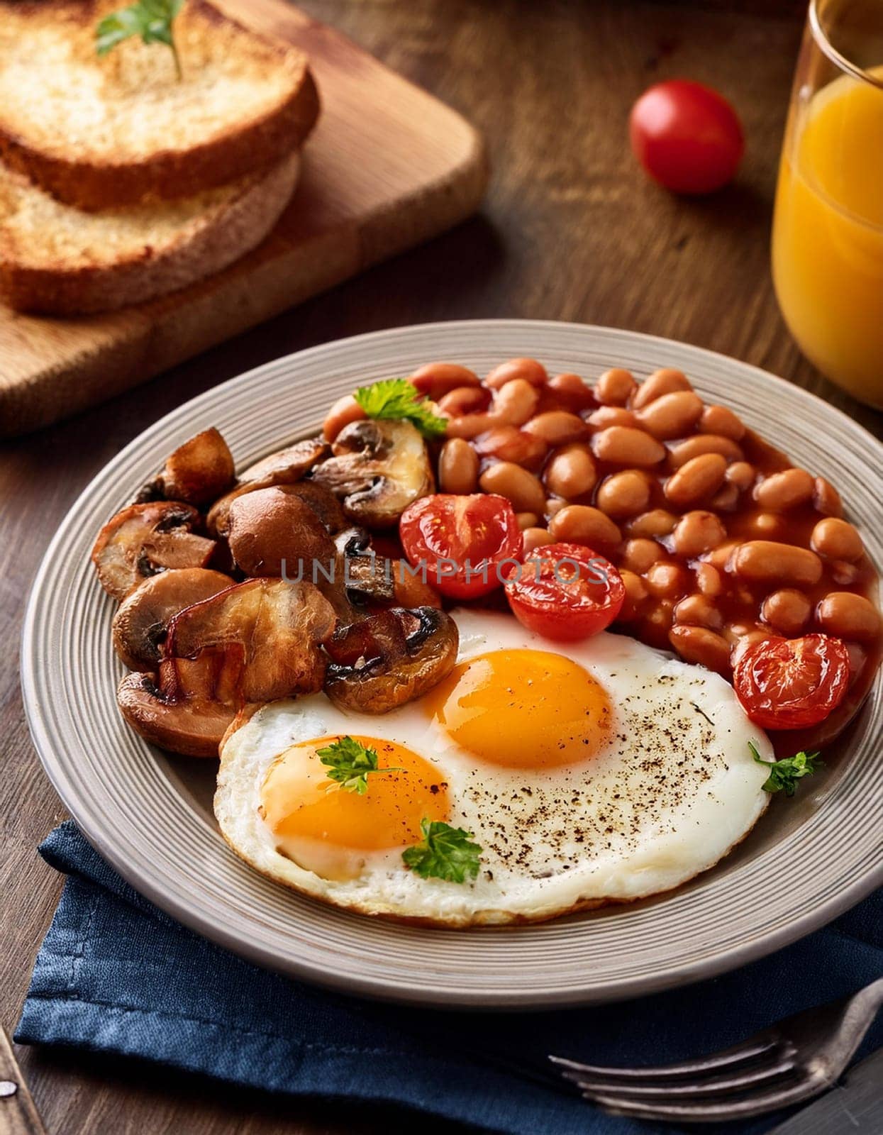 vegetarian English breakfast with baked beans fried mushrooms and egg, AI generated image