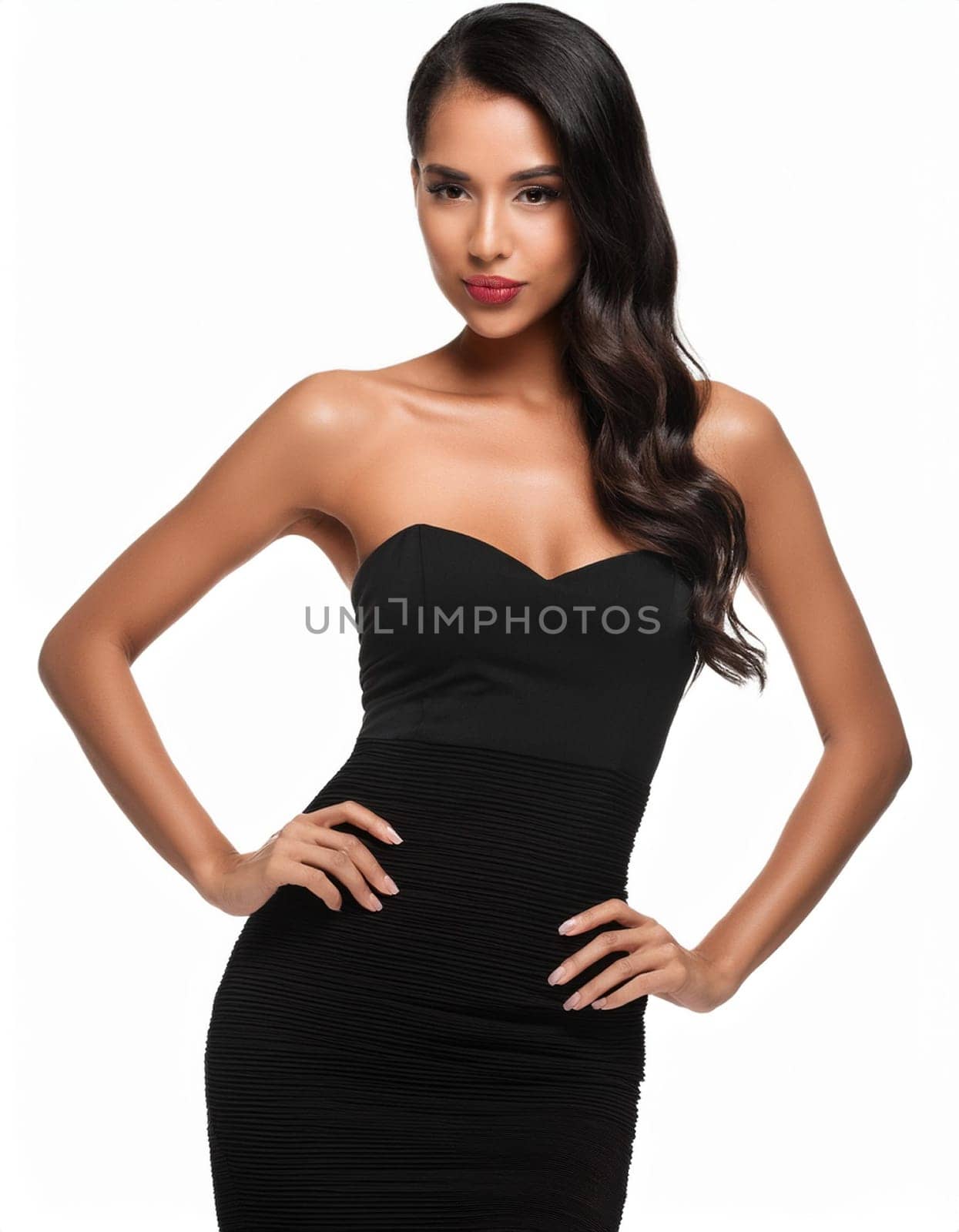 pretty young woman in little black dress cut out, AI generated image
