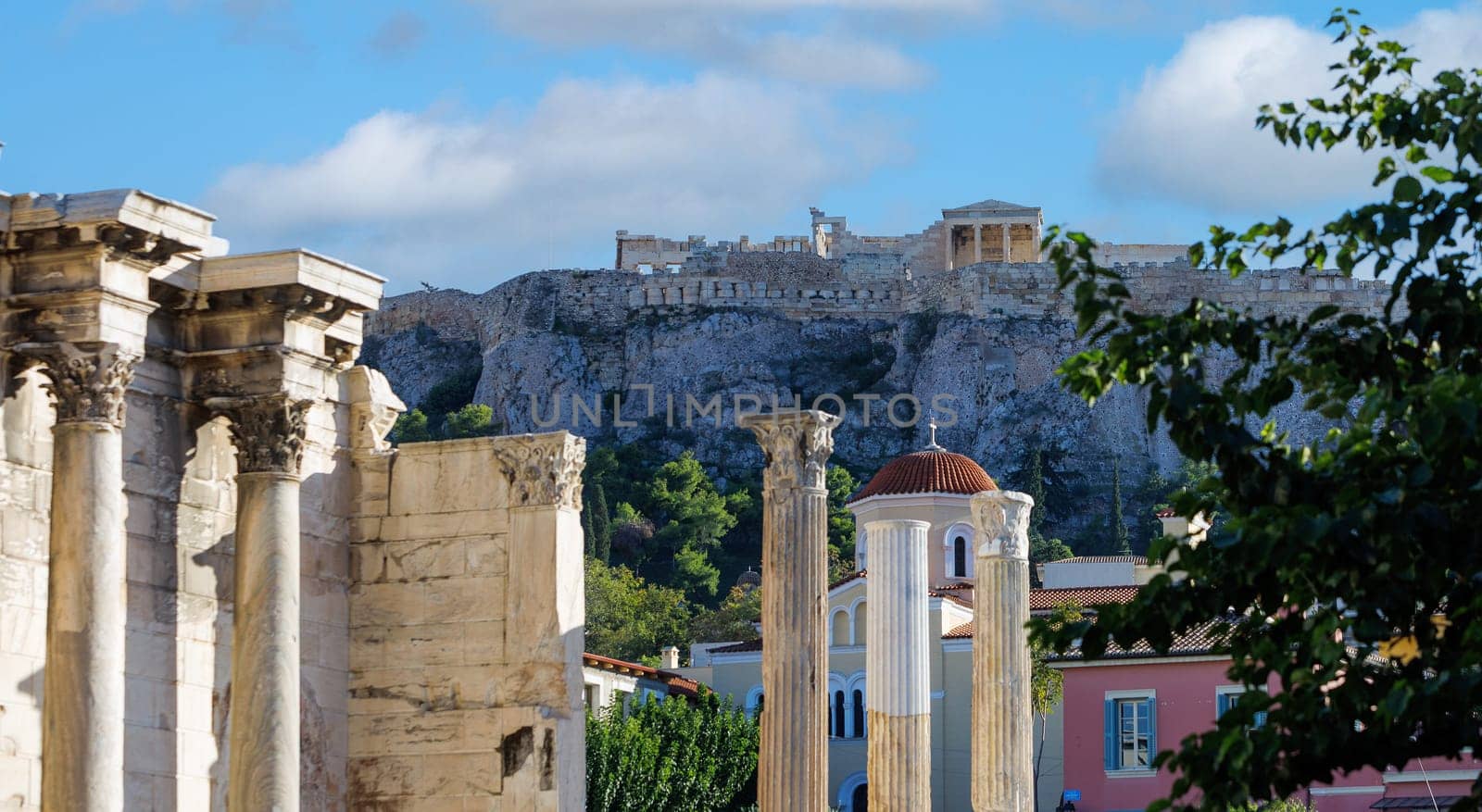 View of the Acropolis from the historical center of Athens. Athens, Greece.