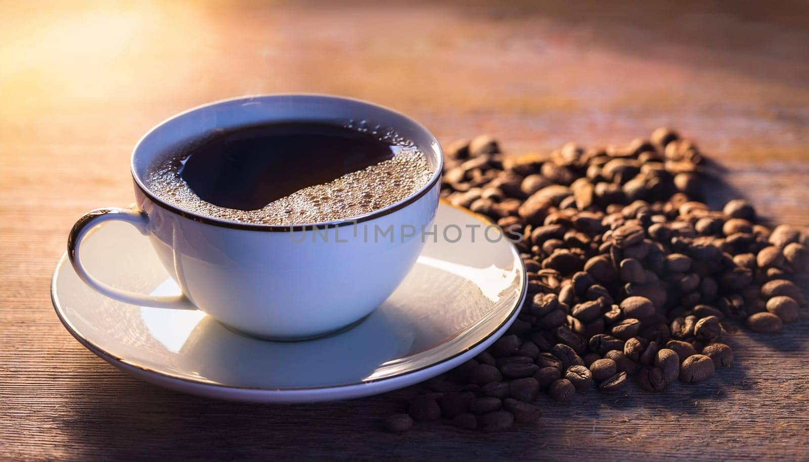 cup of coffee by roasted coffee beans, AI generated image
