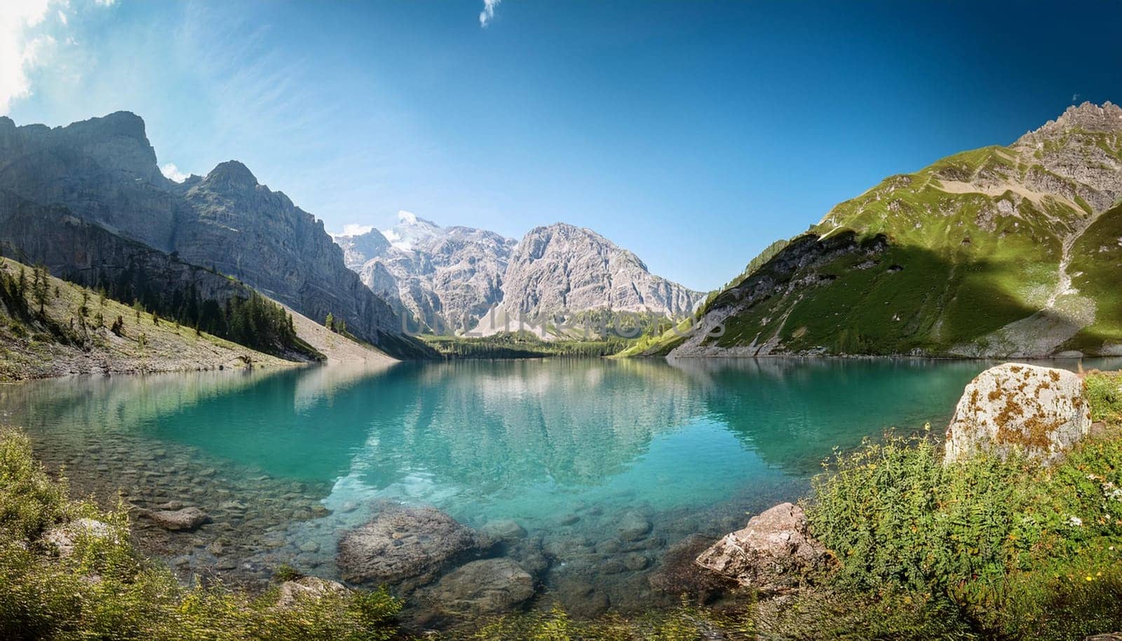 alpine mountains lake landscape view, AI generated image