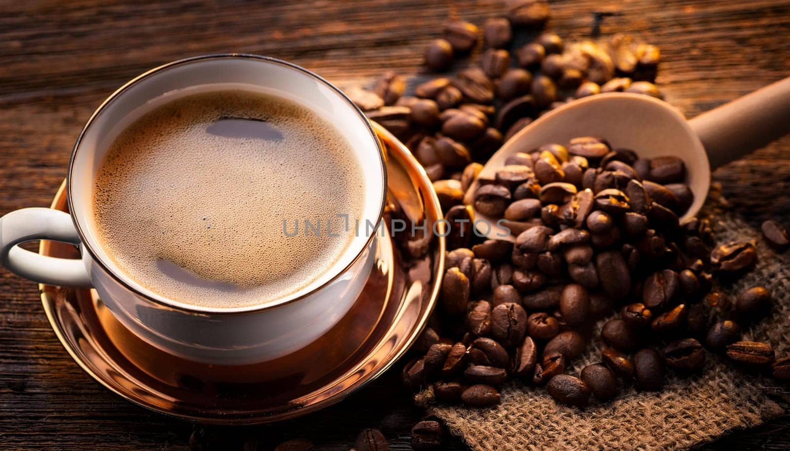 cup of coffee by roasted coffee beans, AI generated image
