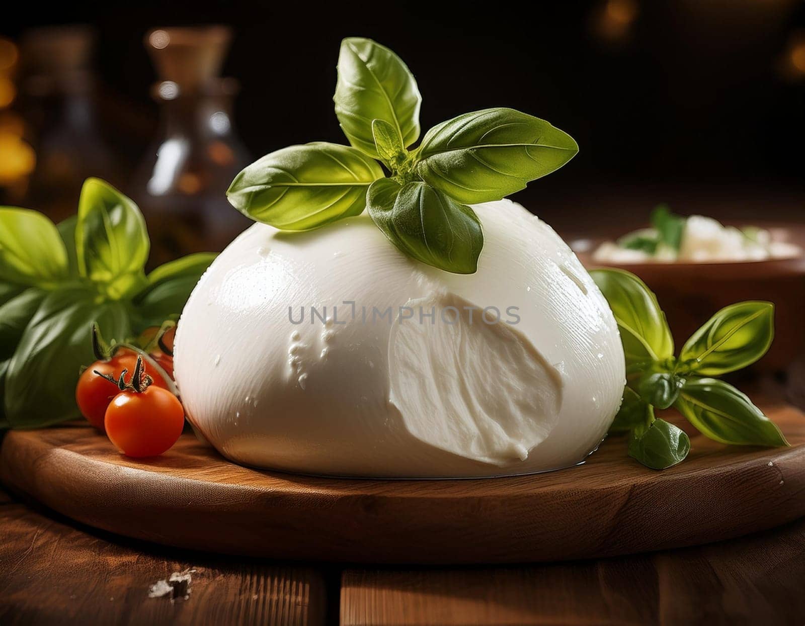 buffalo mozzarella cheese on wooden cutting board