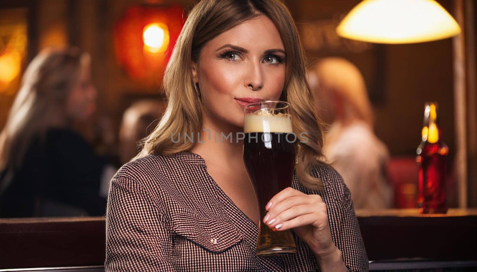 gorgeous young woman in british pub drinking beer, AI generated image