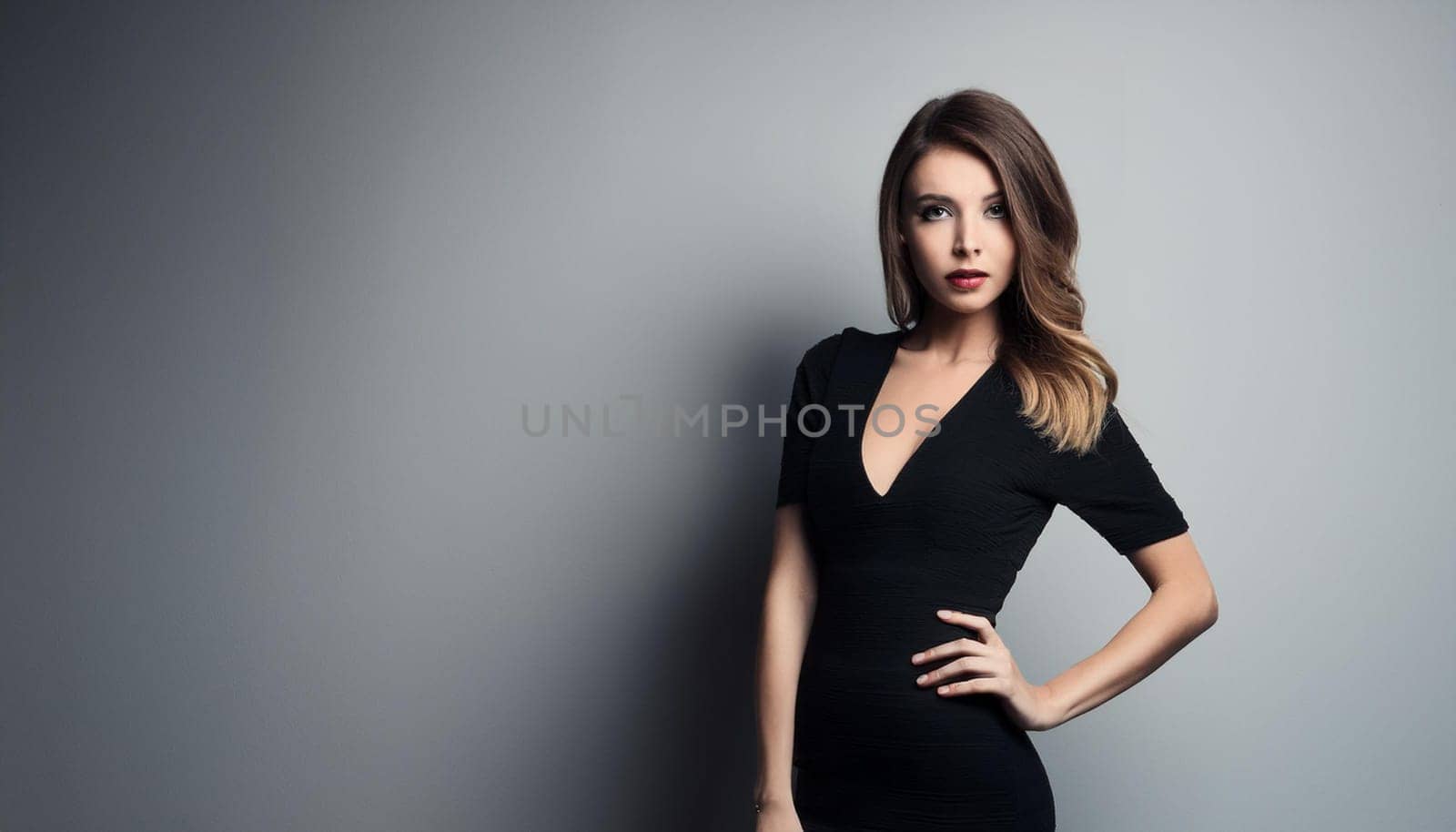 pretty young woman in black dress, AI generated image