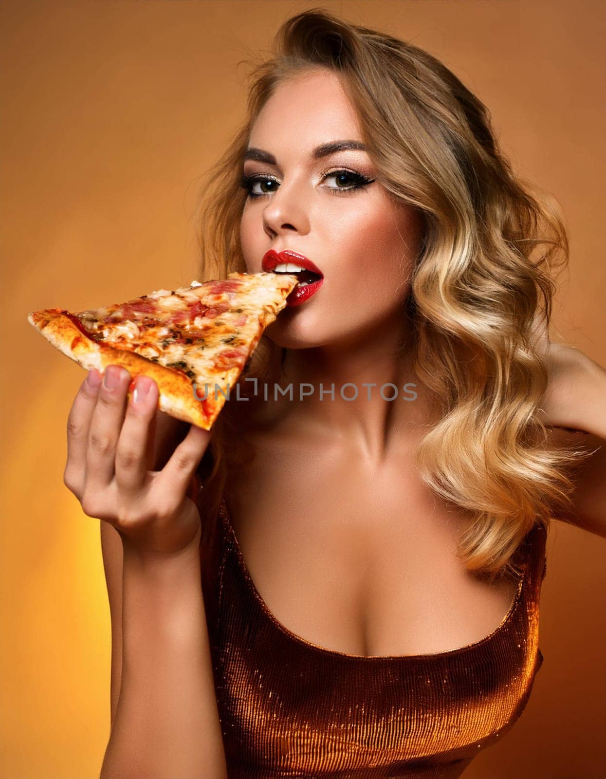 pretty young woman eating pizza margherita, AI generated image