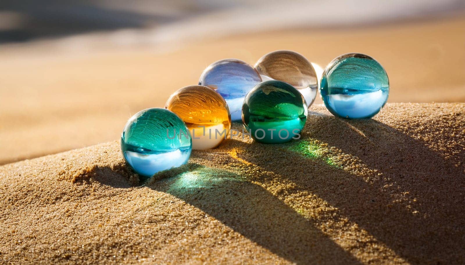 glass marbles toy in the sand, AI generated image