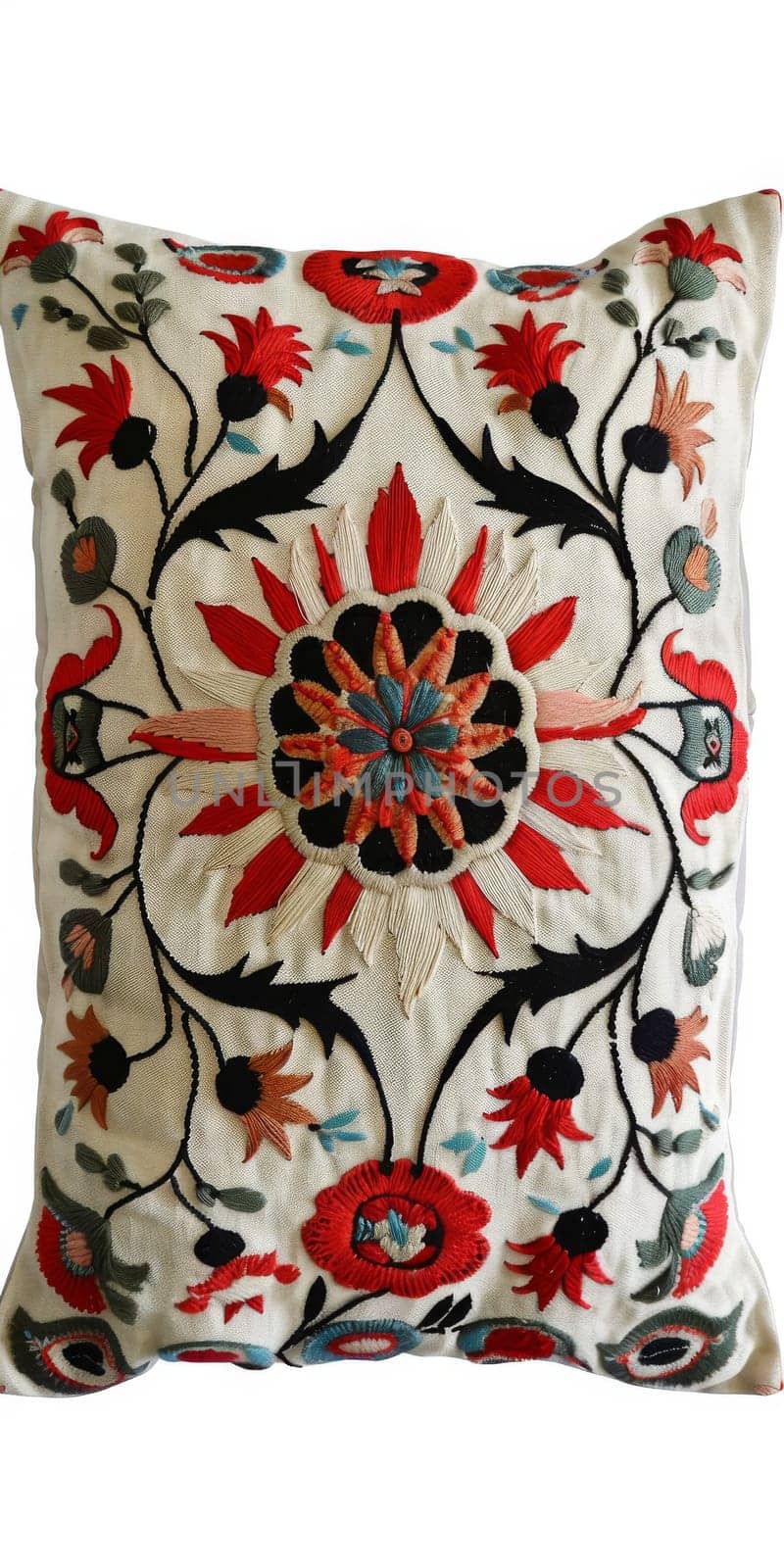 Embroidered Islamic cushion covers with floral designs, adding comfort and style to sofas or chairs.