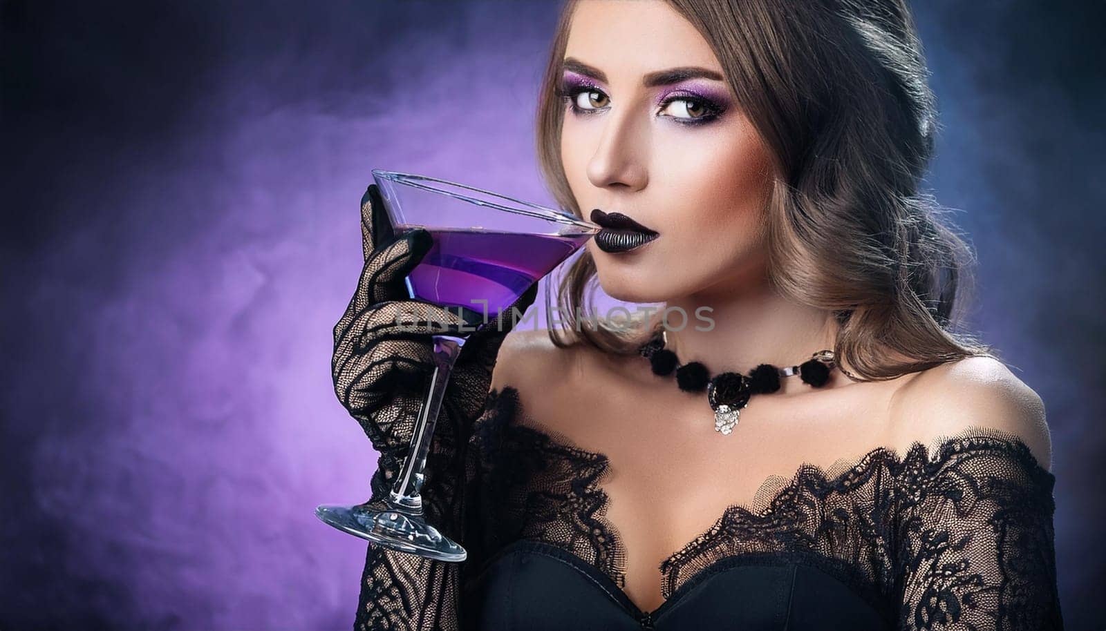 pretty young goth woman drinking, AI generated image