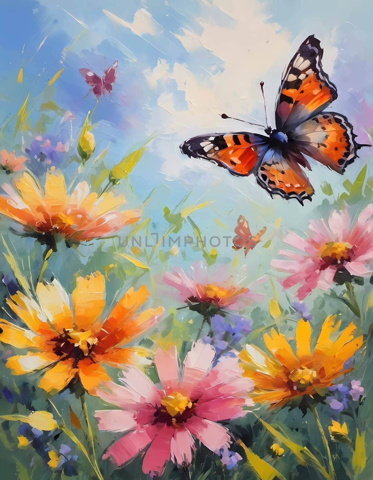 Colorful butterflies flutter gracefully above a vibrant array of wildflowers, creating a lively and cheerful atmosphere in a sunlit meadow. Generative AI.