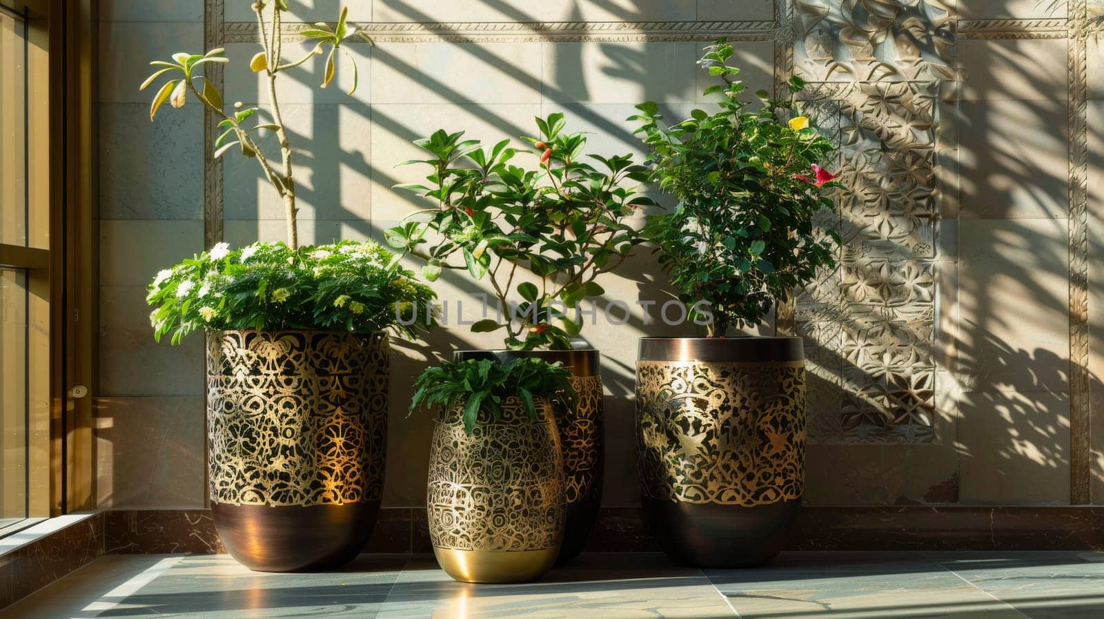 Decorative Islamic planters with geometric motifs, complementing indoor greenery with artistic flair.