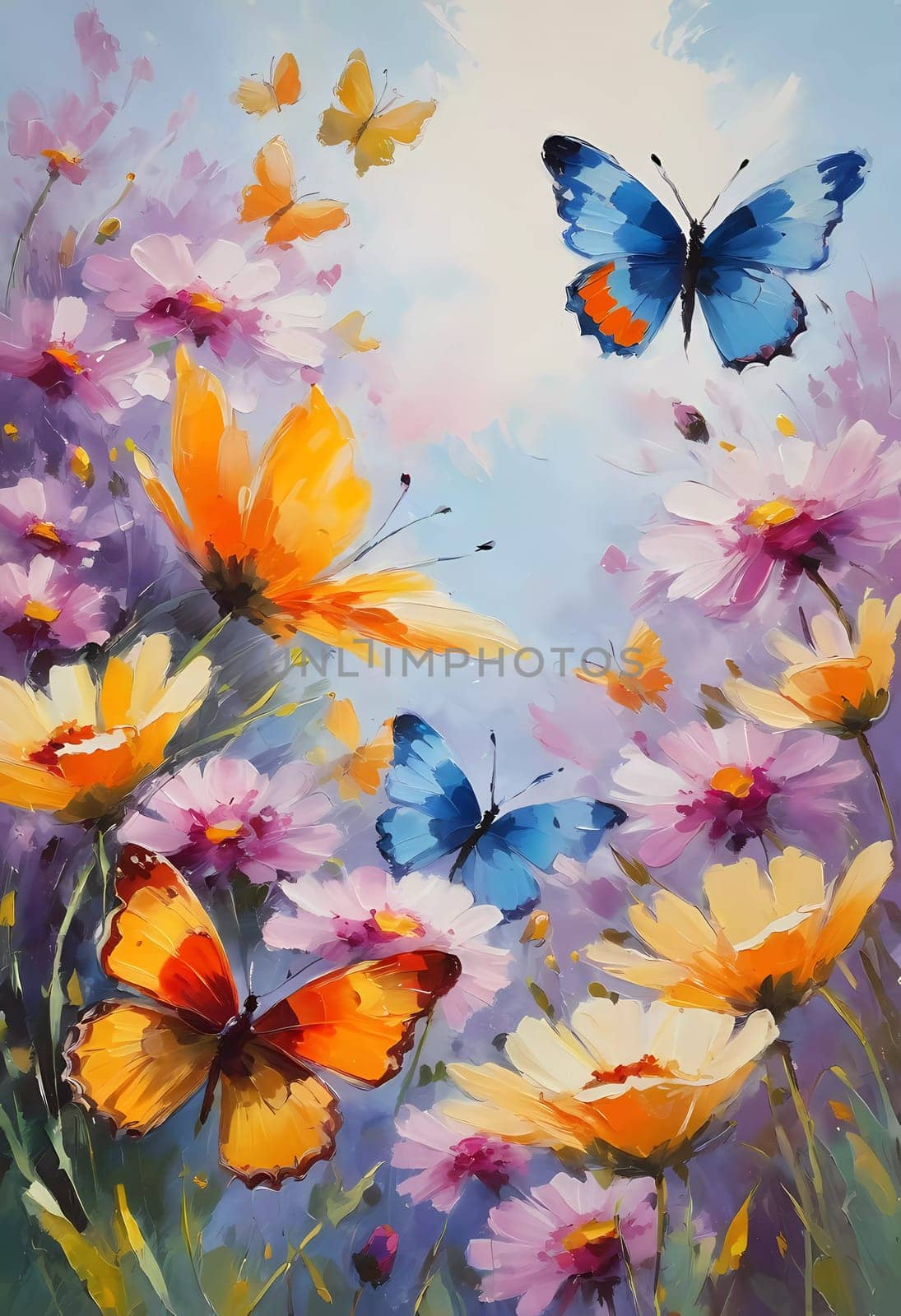 Colorful butterflies flutter gracefully above a vibrant array of wildflowers, creating a lively and cheerful atmosphere in a sunlit meadow. Generative AI.
