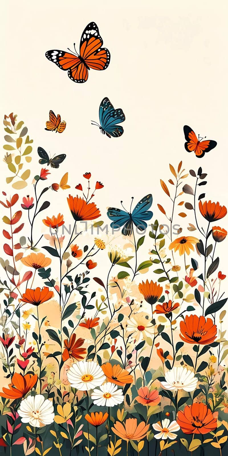 A group of striking butterflies dances gracefully around blooming flowers in a colorful garden. The bright blossoms create a lively atmosphere under the warm sunlight. Generative AI.