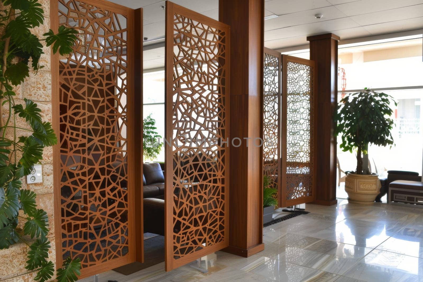 Decorative Islamic screens with geometric patterns, dividing spaces while adding visual interest.