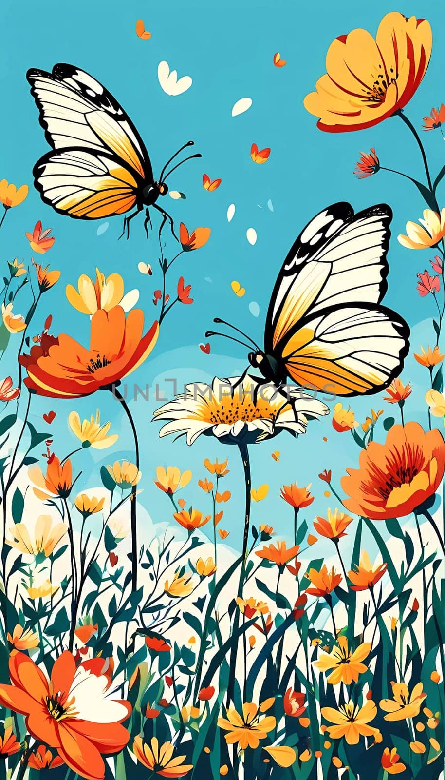 A group of striking butterflies dances gracefully around blooming flowers in a colorful garden. The bright blossoms create a lively atmosphere under the warm sunlight. Generative AI.