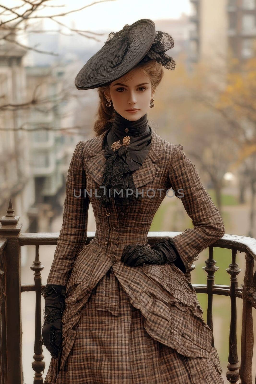 elegant woman from the Victorian era standing in a richly decorated parlor. AI generative.