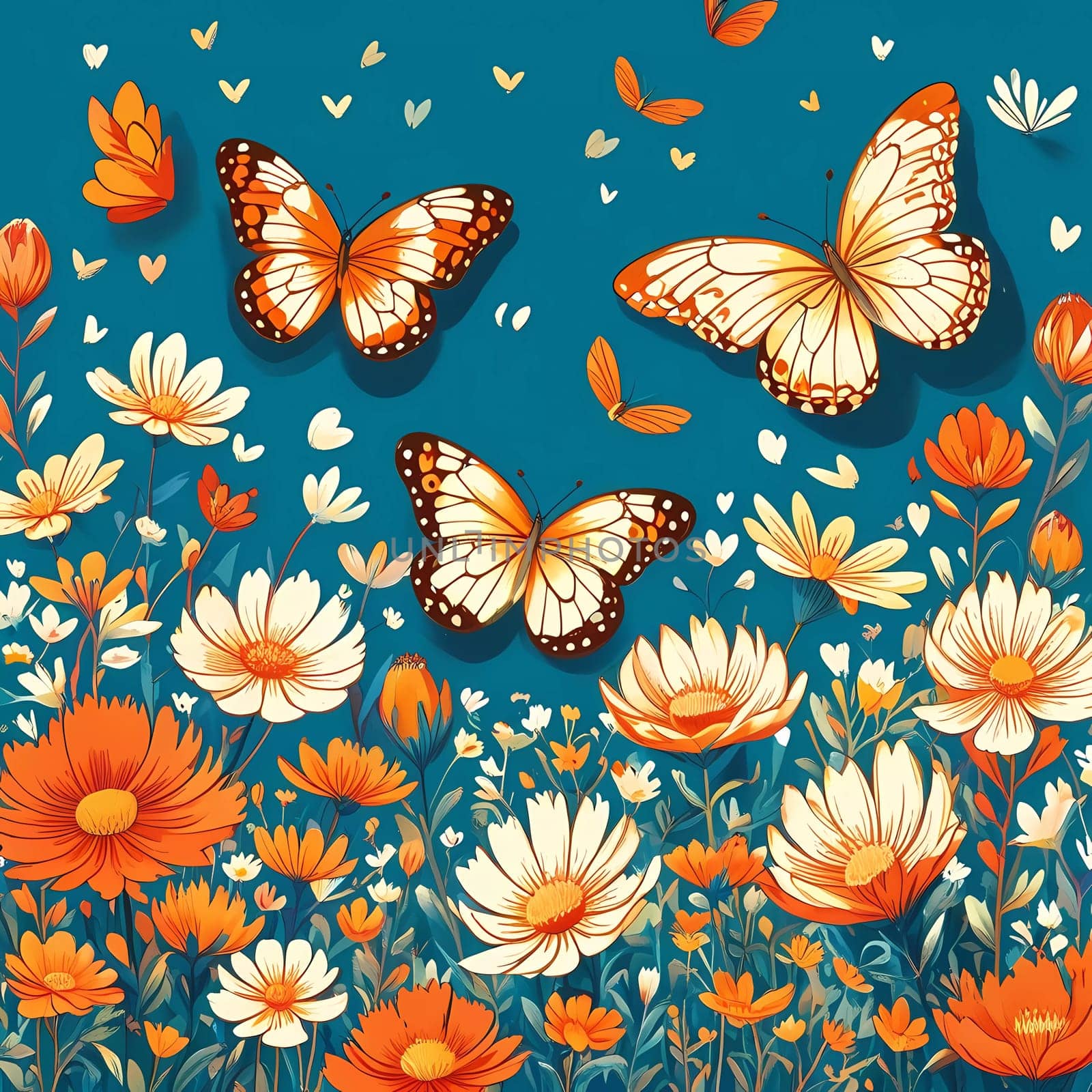 Colorful butterflies flutter gracefully above a vibrant array of wildflowers, creating a lively and cheerful atmosphere in a sunlit meadow. Generative AI.