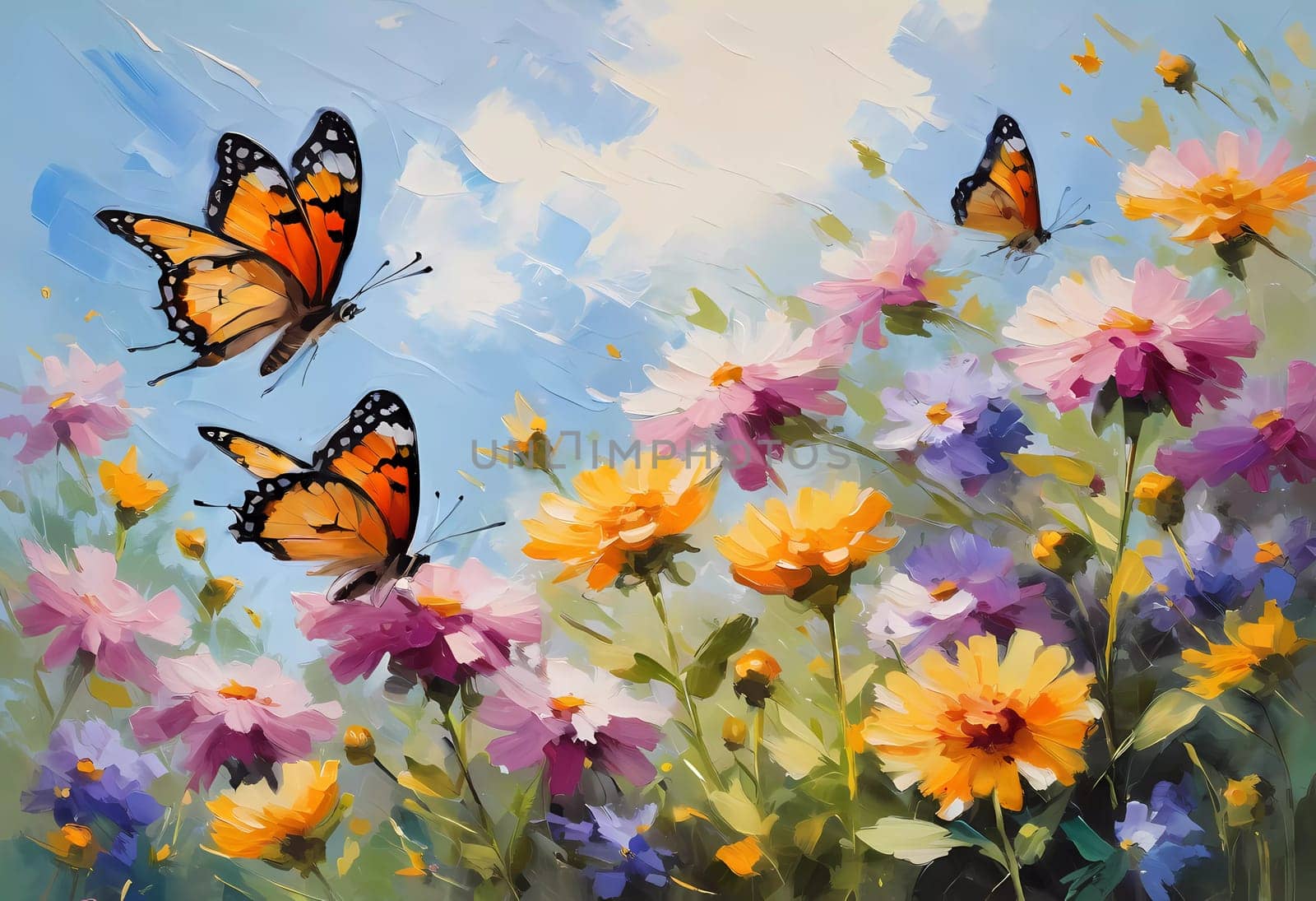 Colorful butterflies flutter gracefully above a vibrant array of wildflowers, creating a lively and cheerful atmosphere in a sunlit meadow. Generative AI.