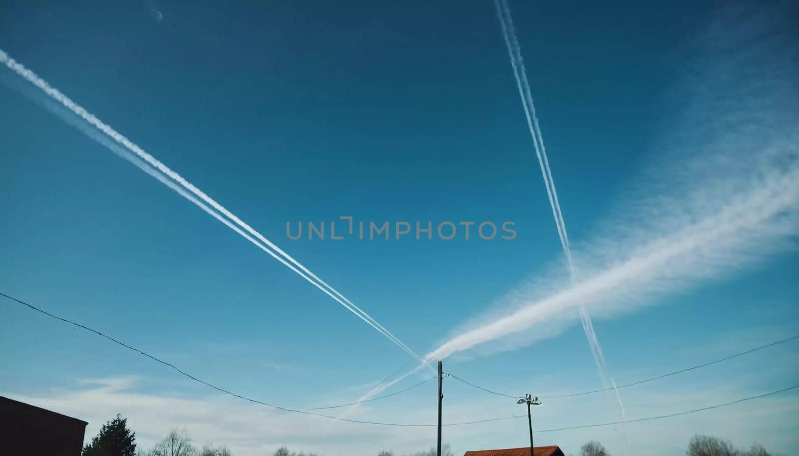 Chemtrail conspiracy theory. Long-lasting condensation trails left in sky by high-flying aircraft are actually chemtrails consisting of chemical or biological agents, sprayed for nefarious purposes