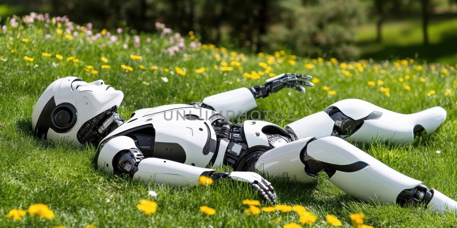 a robot, the robot lies on a green meadow with flowers. AI generative.