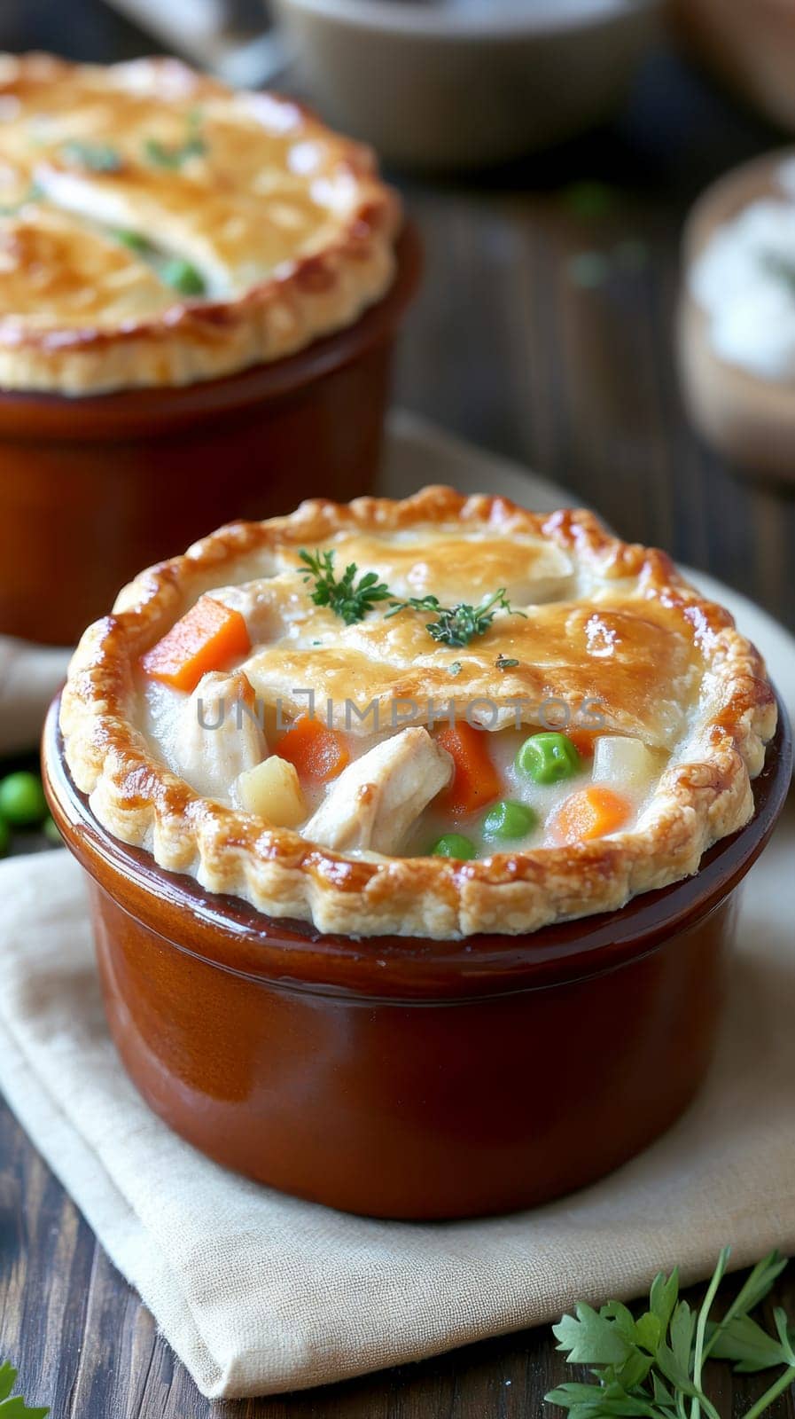 Golden mini chicken pot pie muffins with a flaky crust and creamy filling of chicken. AI generative.