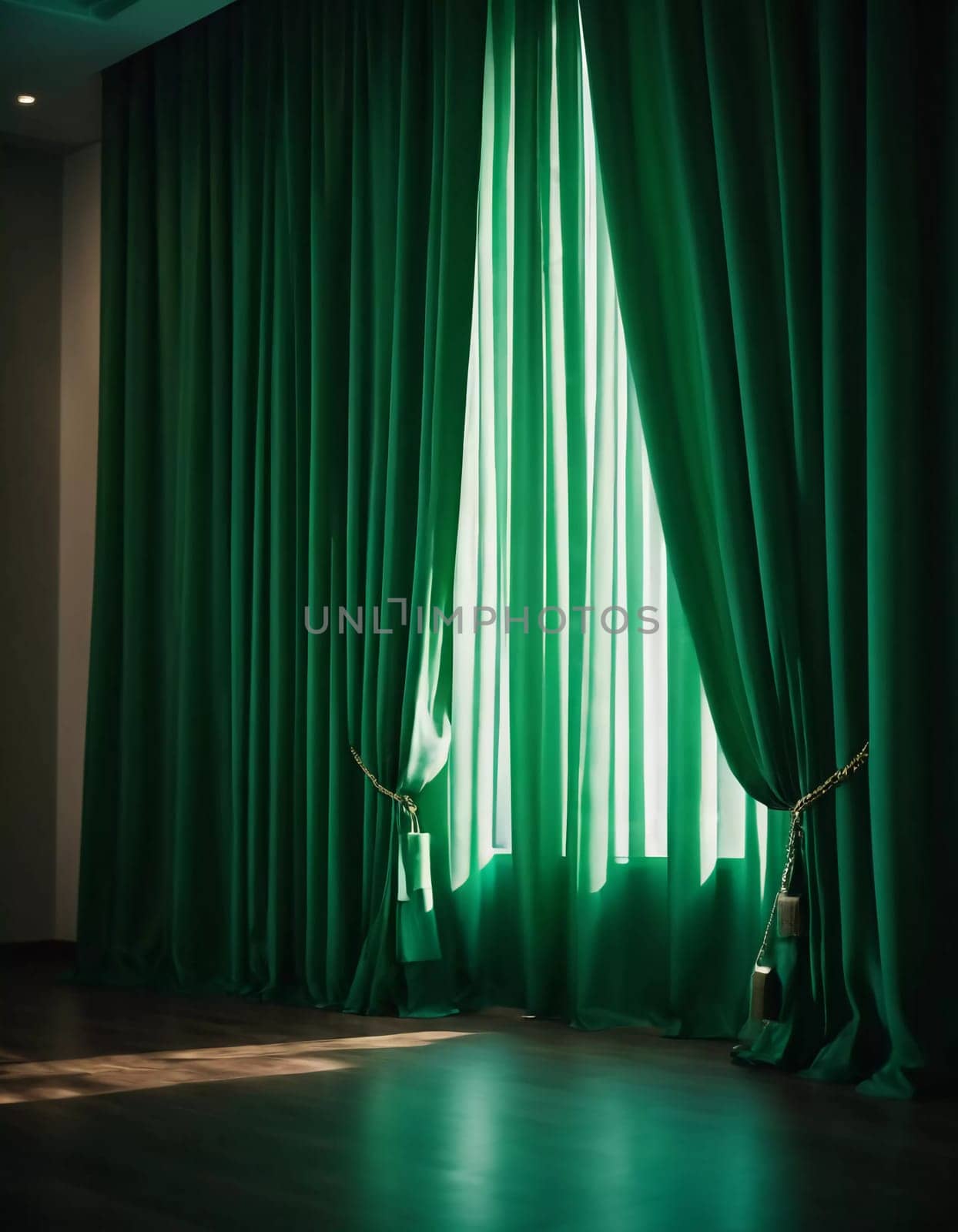 Curtain with soft smooth flowing folds. Deep green color and luxurious texture create a dramatic and elegant atmosphere. Decoration and interior design. Expensive curtain made of rich fabric. AI