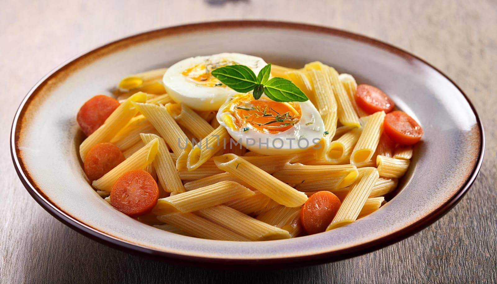 penne pasta with eggs, AI generated image