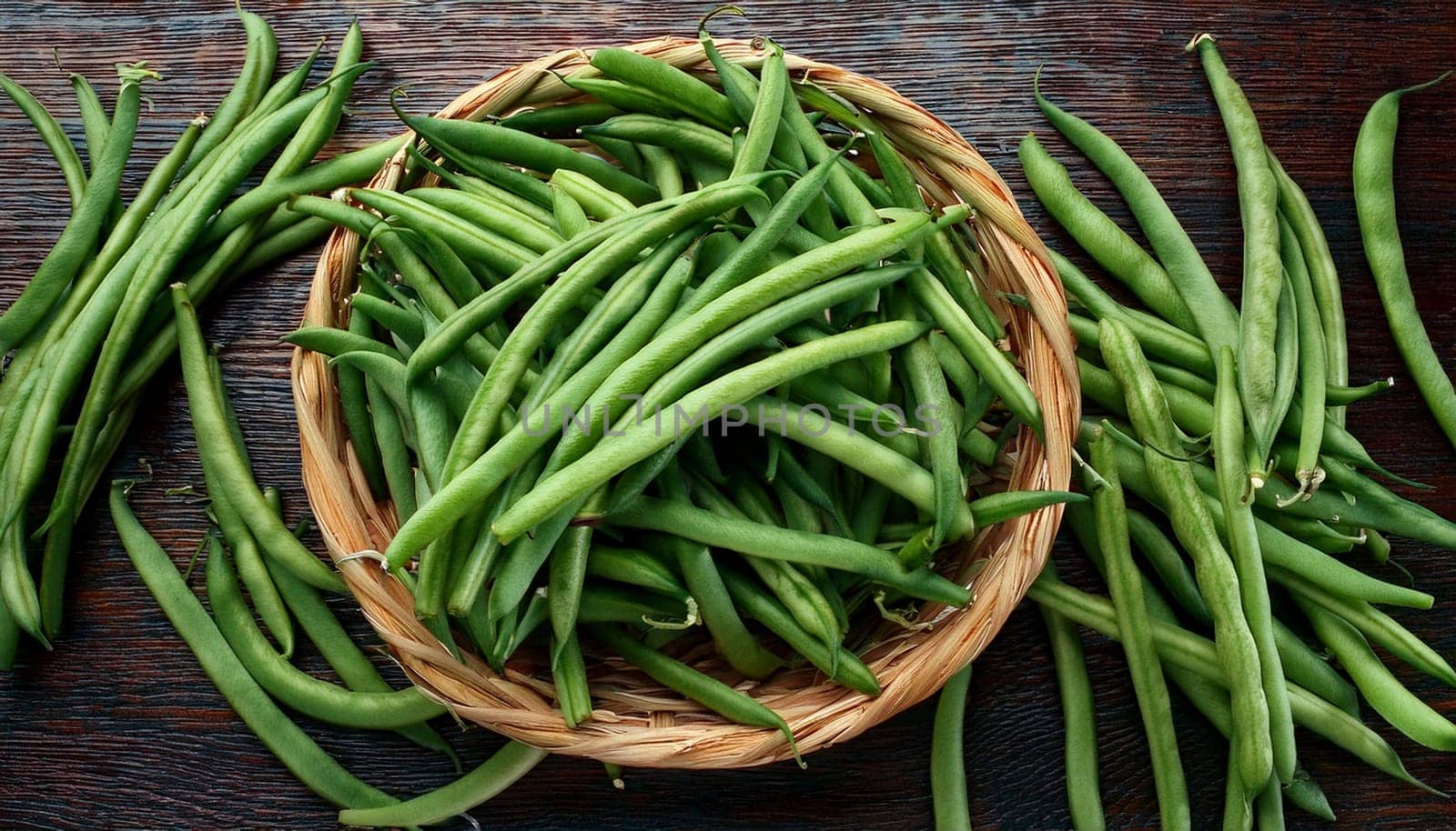 green beans top flat view, AI generated image