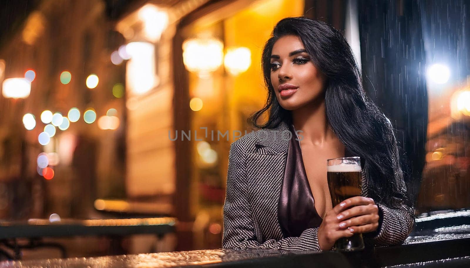 gorgeous young woman drinking beer in the rain outside pub, AI generated image