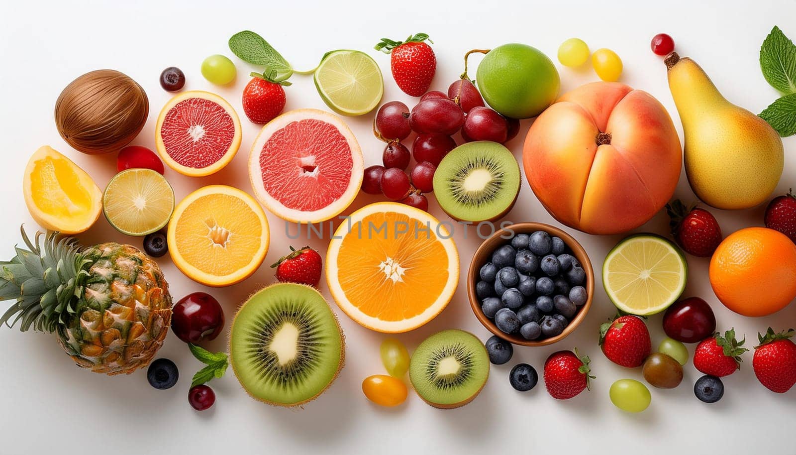 mixed fruits flat top view, AI generated image