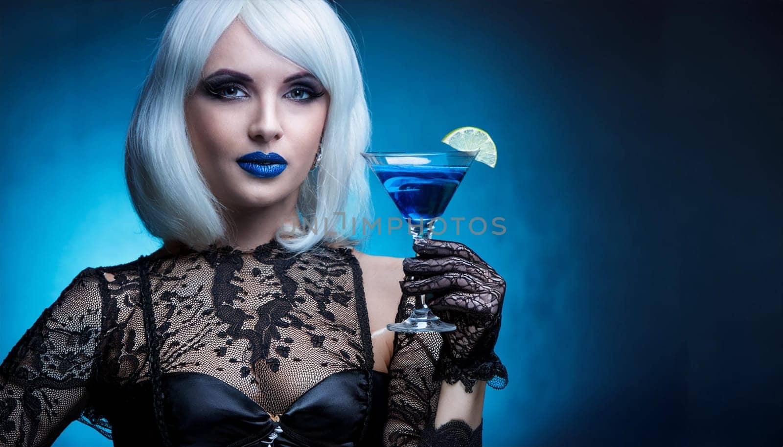 pretty young goth woman drinking, AI generated image