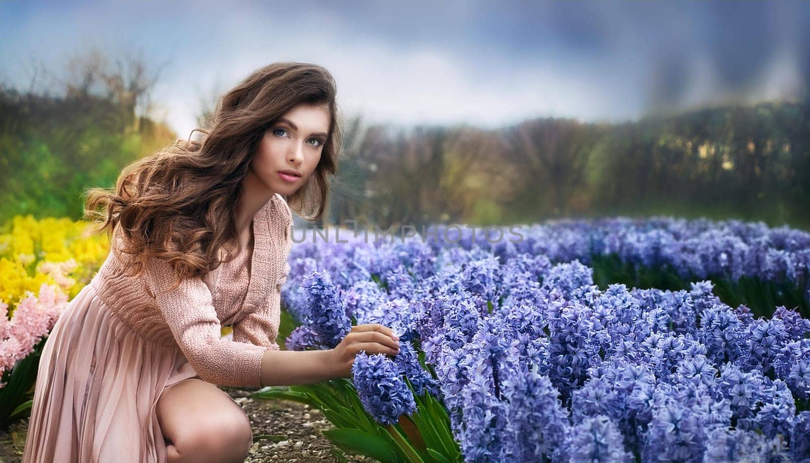 pretty young woman in hyacinth garden, AI generated image