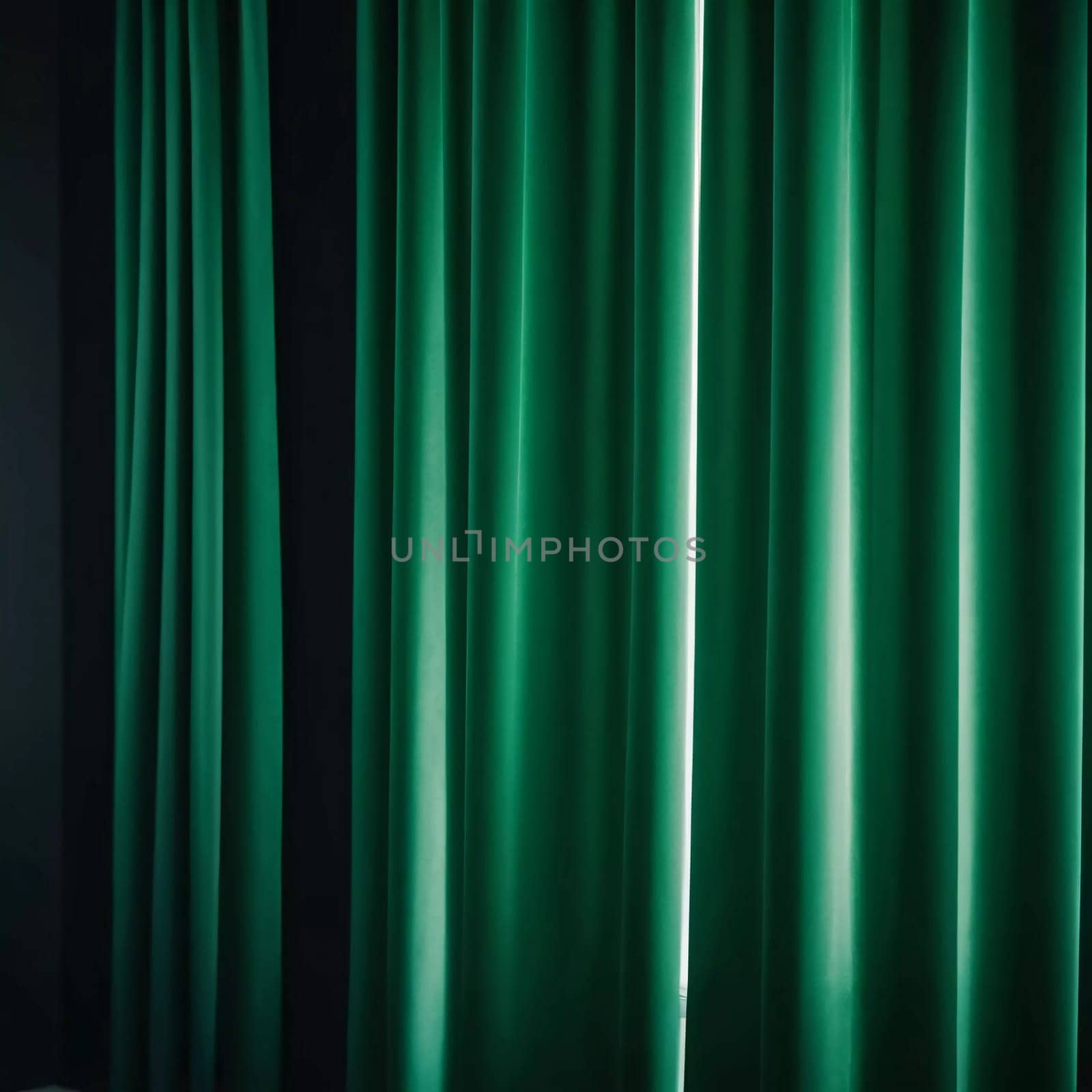 Curtain with soft smooth flowing folds. Deep green color and luxurious texture create a dramatic and elegant atmosphere. Decoration and interior design. Expensive curtain made of rich fabric. AI